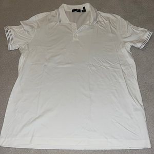 White means theory polo with striped collar and arm edge